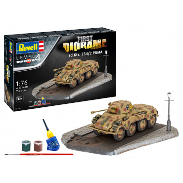 KIT PARA MONTAR REVELL FIRST DIORAMA SET TANQUE DE GUERRA SD.KFZ 234/2 PUMA 1/76 69 PEÇAS REV 03298